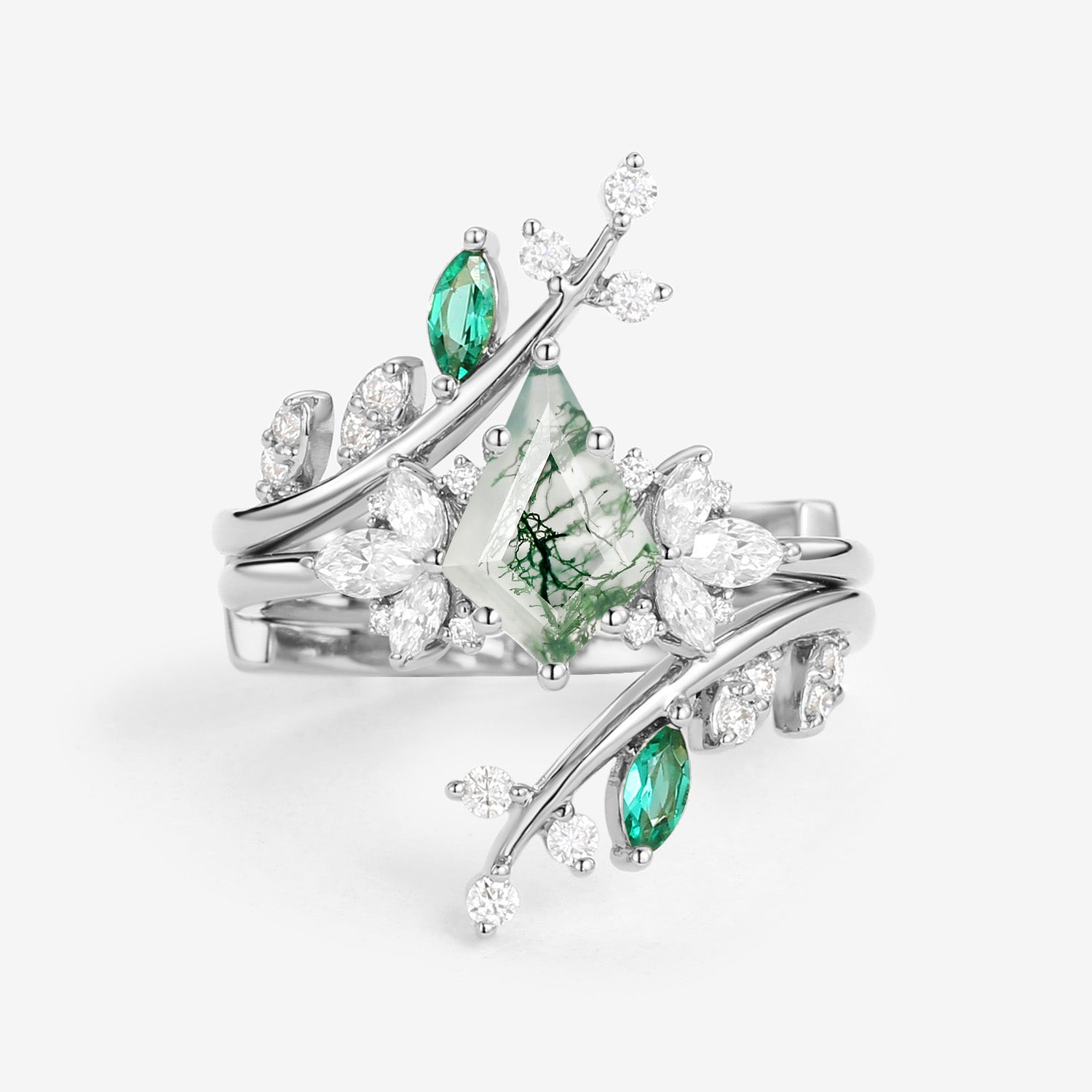 Nature Inspired Kite Cut Moss Agate Cage Leafy Ring 2pcs