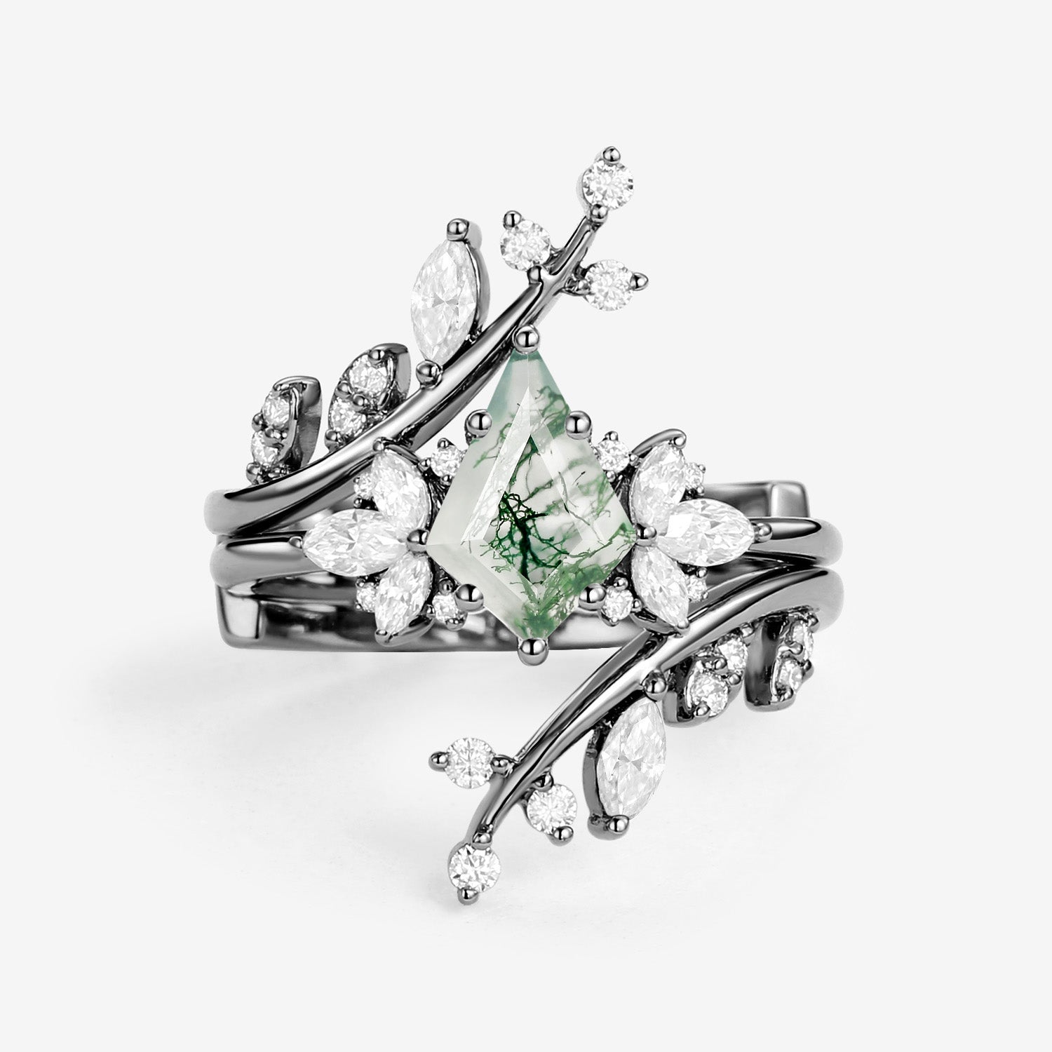 Nature Inspired Kite Cut Moss Agate Cage Leafy Ring 2pcs