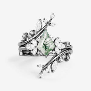 Nature Inspired Kite Cut Moss Agate Cage Leafy Ring 2pcs