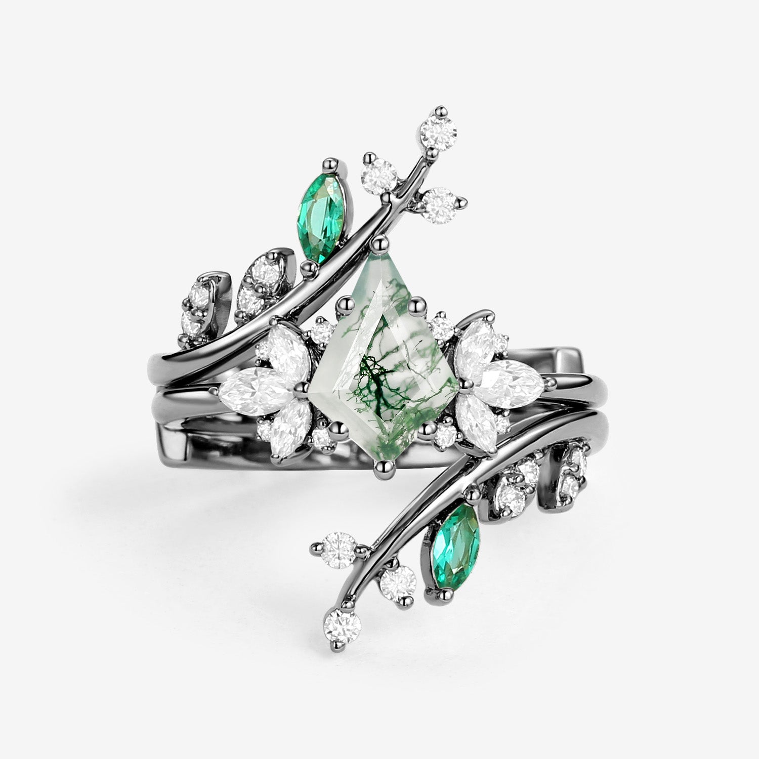 Nature Inspired Kite Cut Moss Agate Cage Leafy Ring 2pcs