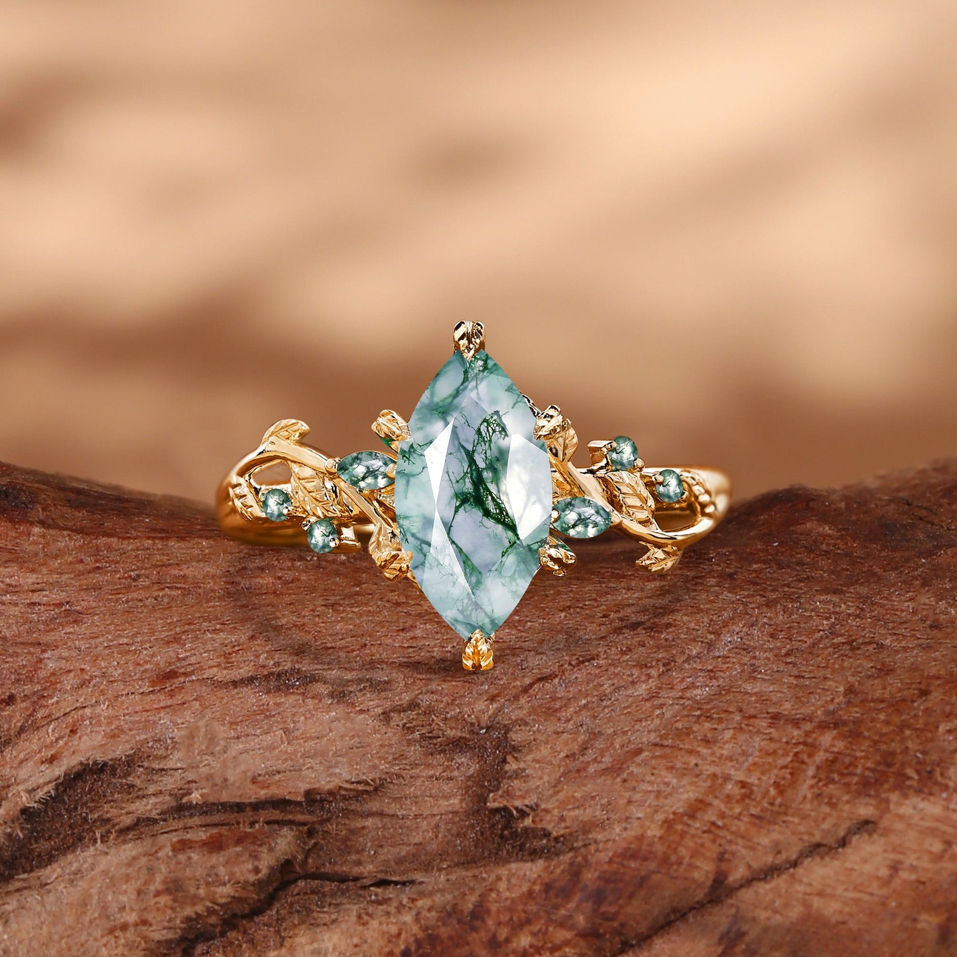 Nature Inspired Marquise Moss Agate Leafy Twist Engagement Ring