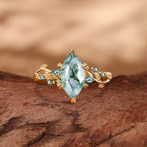 Nature Inspired Marquise Moss Agate Leafy Twist Engagement Ring