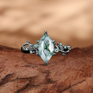 Nature Inspired Marquise Moss Agate Leafy Twist Engagement Ring