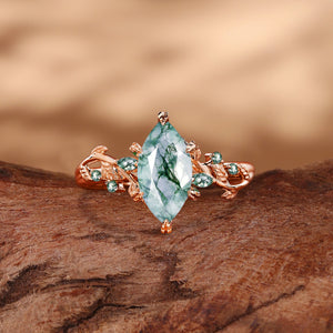 Nature Inspired Marquise Moss Agate Leafy Twist Engagement Ring