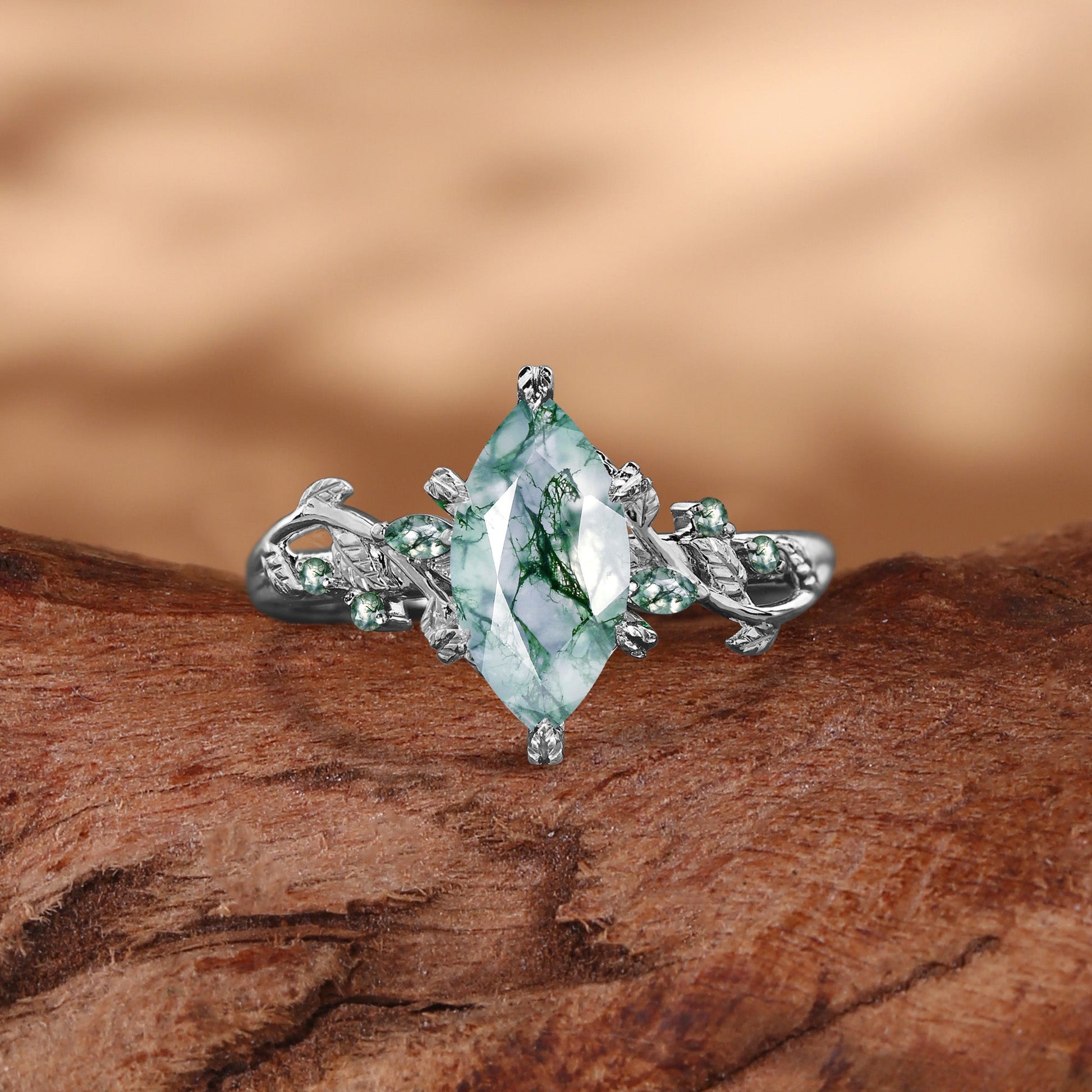 Nature Inspired Marquise Moss Agate Leafy Twist Engagement Ring