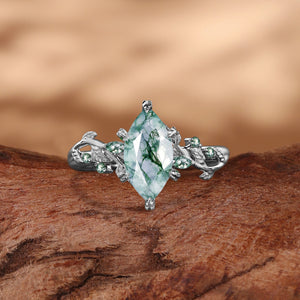 Nature Inspired Marquise Moss Agate Leafy Twist Engagement Ring