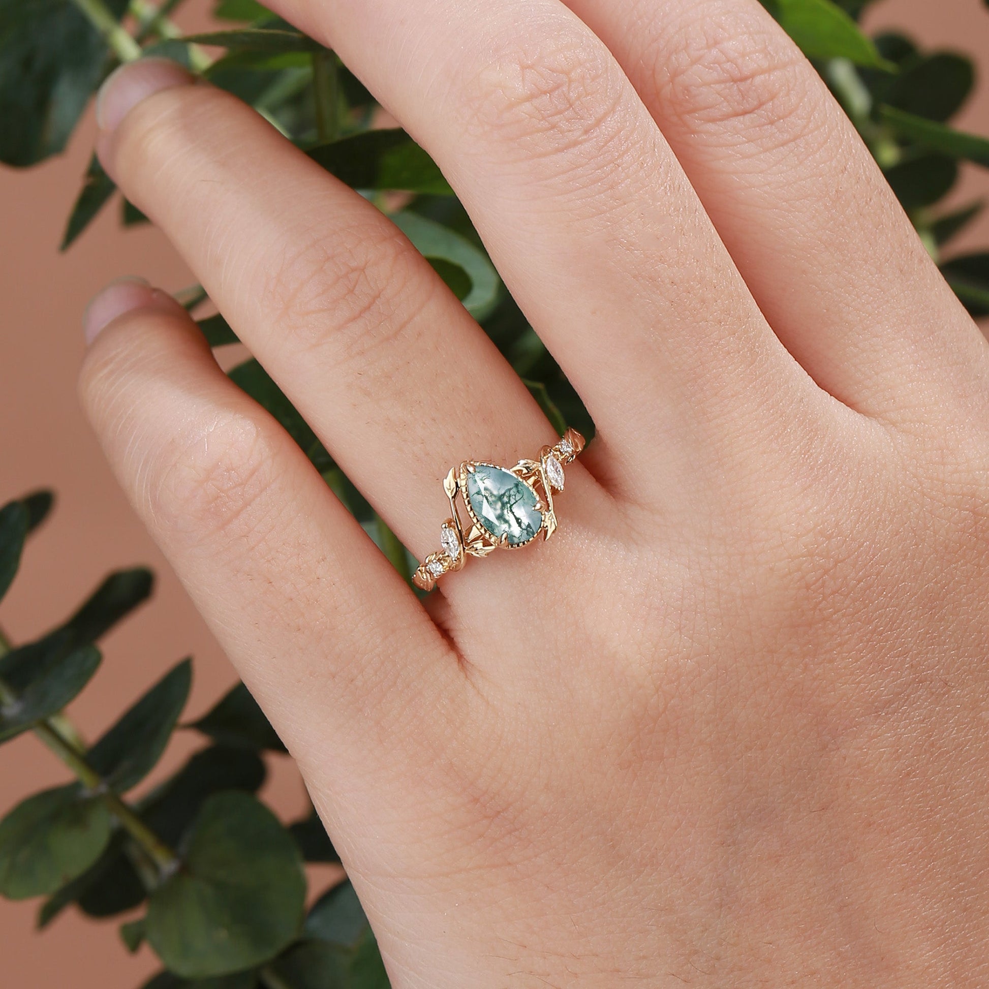 Cranberry Nature Inspired Moss Agate Engagement Ring