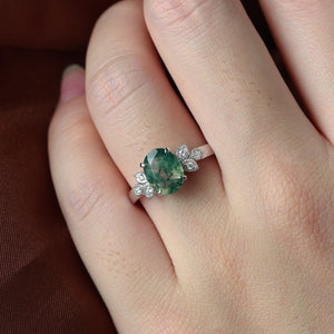 Moss Agate Oval Shaped Wedding Engagement Ring
