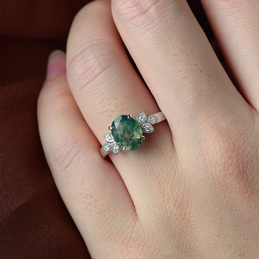 Moss Agate Oval Shaped Wedding Engagement Ring