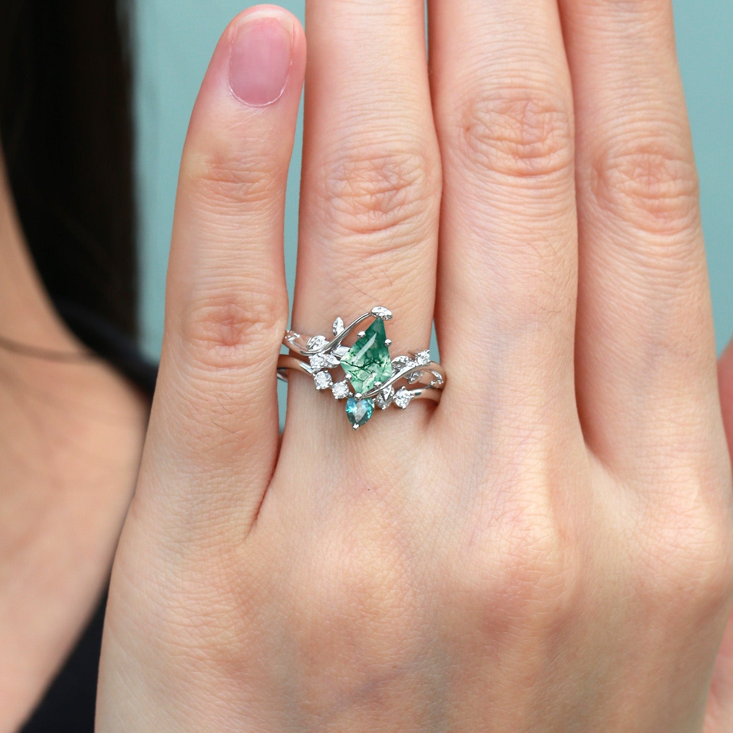 Black Gold Moss Agate & Teal Sapphire Leafy Ring Sets 2pcs - Willow