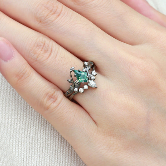 Black Gold Kite Cut Moss Agate Leafy Bridal Ring Sets 2pcs - Willow