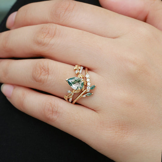 Leafy Pear Shaped Moss Agate Bridal Ring Set 2pcs