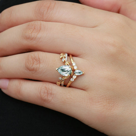 Pear Shaped Moss Agate & Moissanite Leafy Bridal Ring Set 2pcs