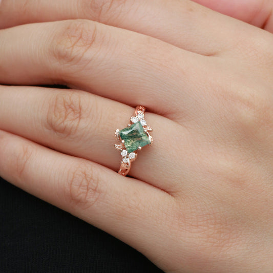 Black Gold Green Leafy Princess Cut Moss Agate Engagement Ring