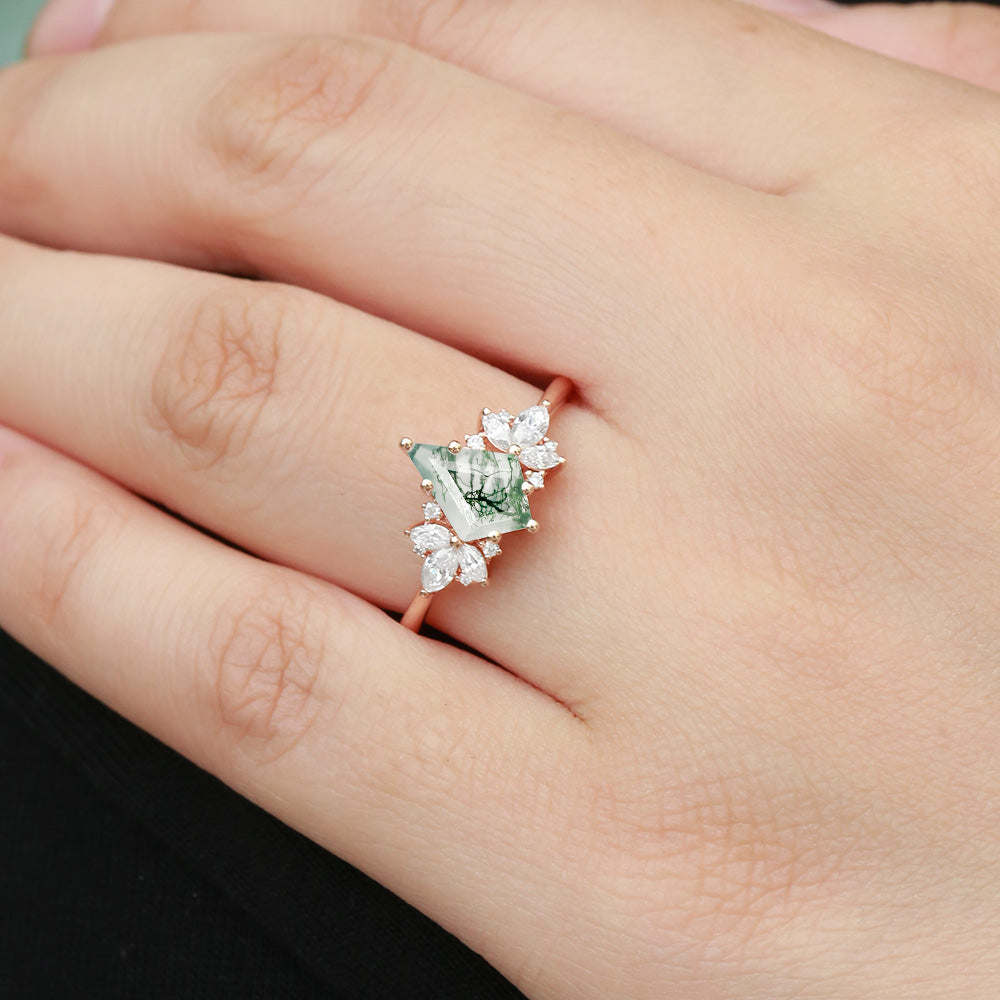 Unique Rose Gold Moss Agate Kite Cut Engagement Ring - Morpho