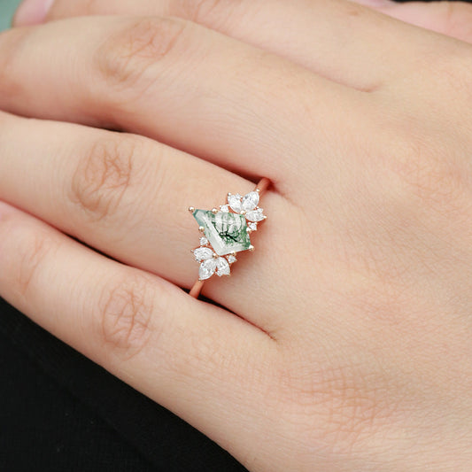 Unique Rose Gold Moss Agate Kite Cut Engagement Ring - Morpho