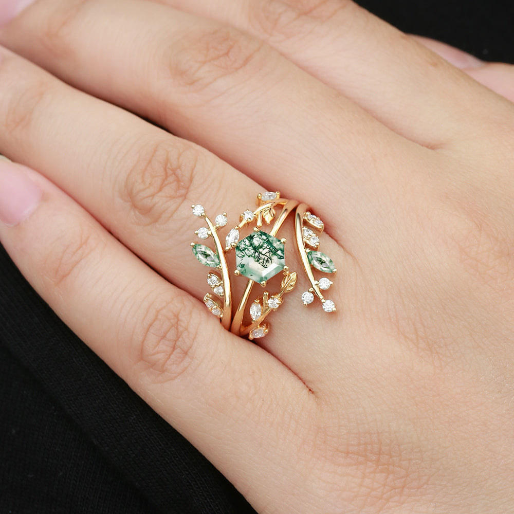 Leafy Hexagon Moss Agate Engagement Ring Set 2pcs