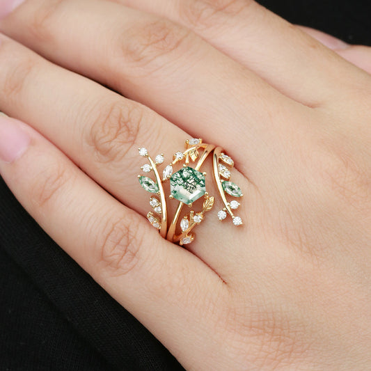 Leafy Hexagon Moss Agate Engagement Ring Set 2pcs