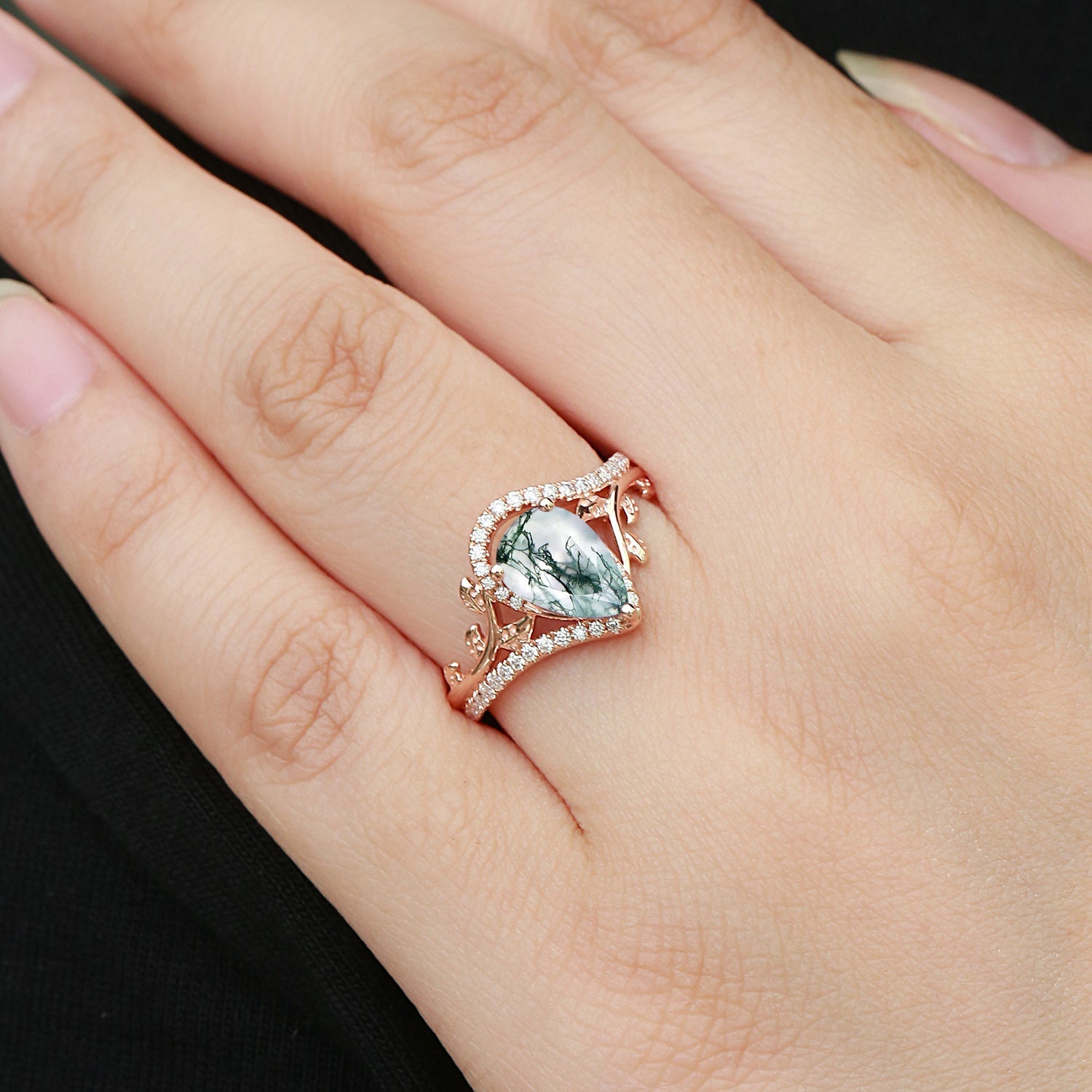 Vintage Pear Cut Moss Agate & Moissanite Leafy Engagement Ring
