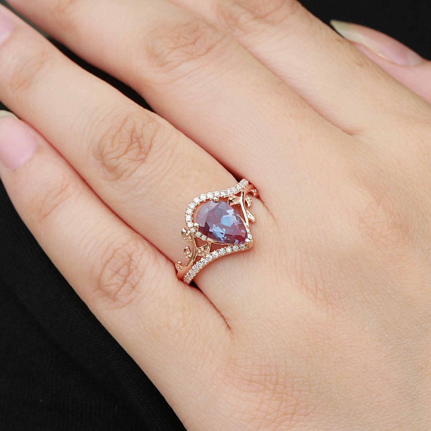 Vintage Pear Cut Moss Agate & Moissanite Leafy Engagement Ring