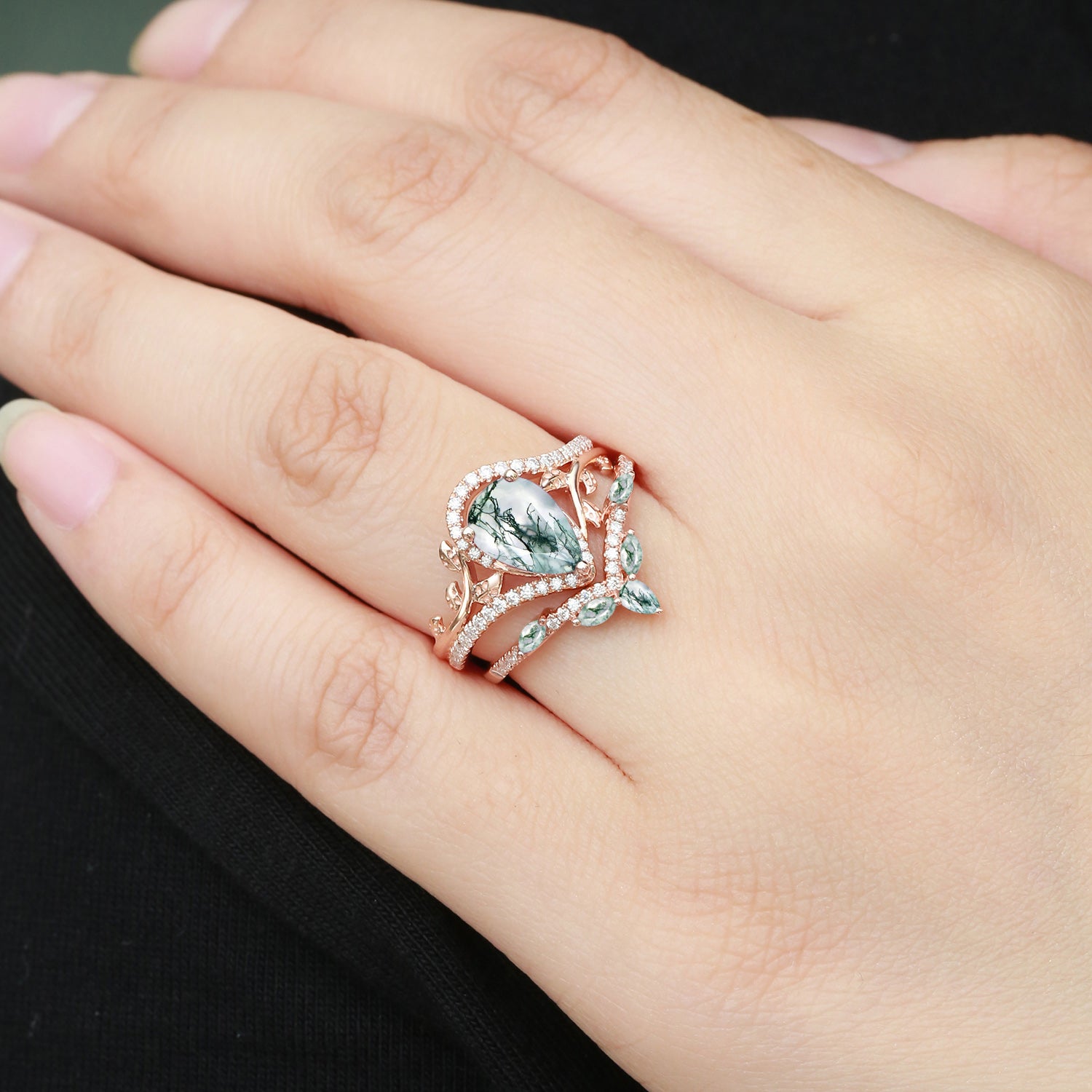 Vintage Pear Cut Moss Agate & Moissanite Leafy Ring Set 2pcs - Dalia