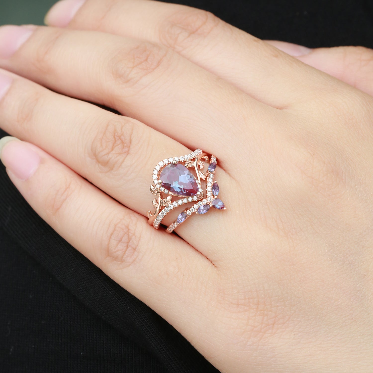 Vintage Pear Cut Moss Agate & Moissanite Leafy Ring Set 2pcs - Dalia