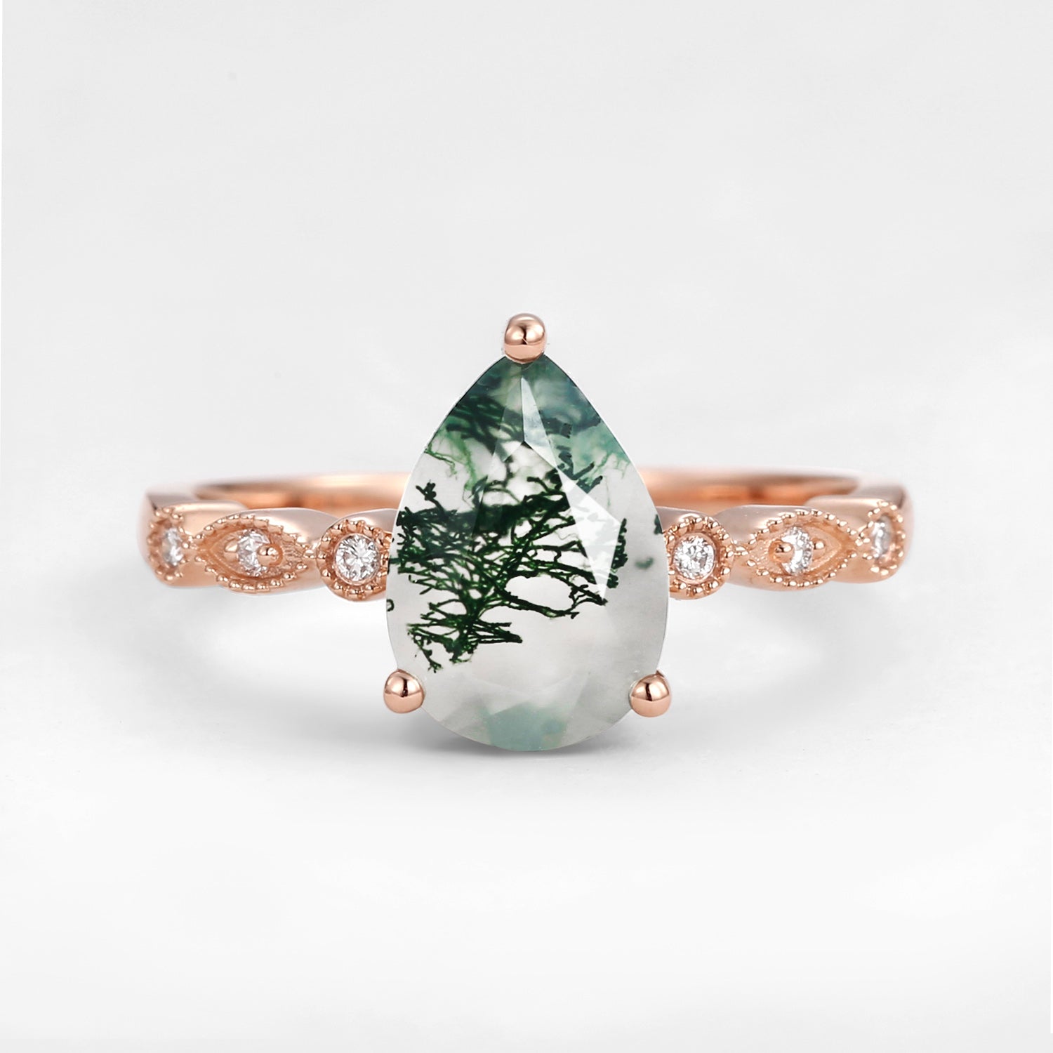 Unique Inspired Pear Shaped Moss Agate Engagement Ring