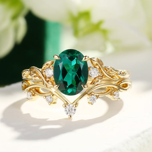 Branches Oval Shaped Moss Agate Leafy Ring Set 2pcs