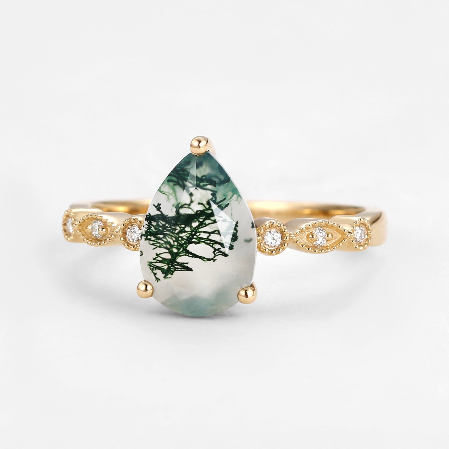 Unique Inspired Pear Shaped Moss Agate Engagement Ring
