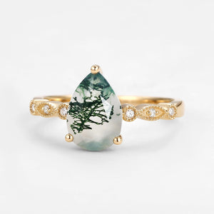 Unique Inspired Pear Shaped Moss Agate Engagement Ring