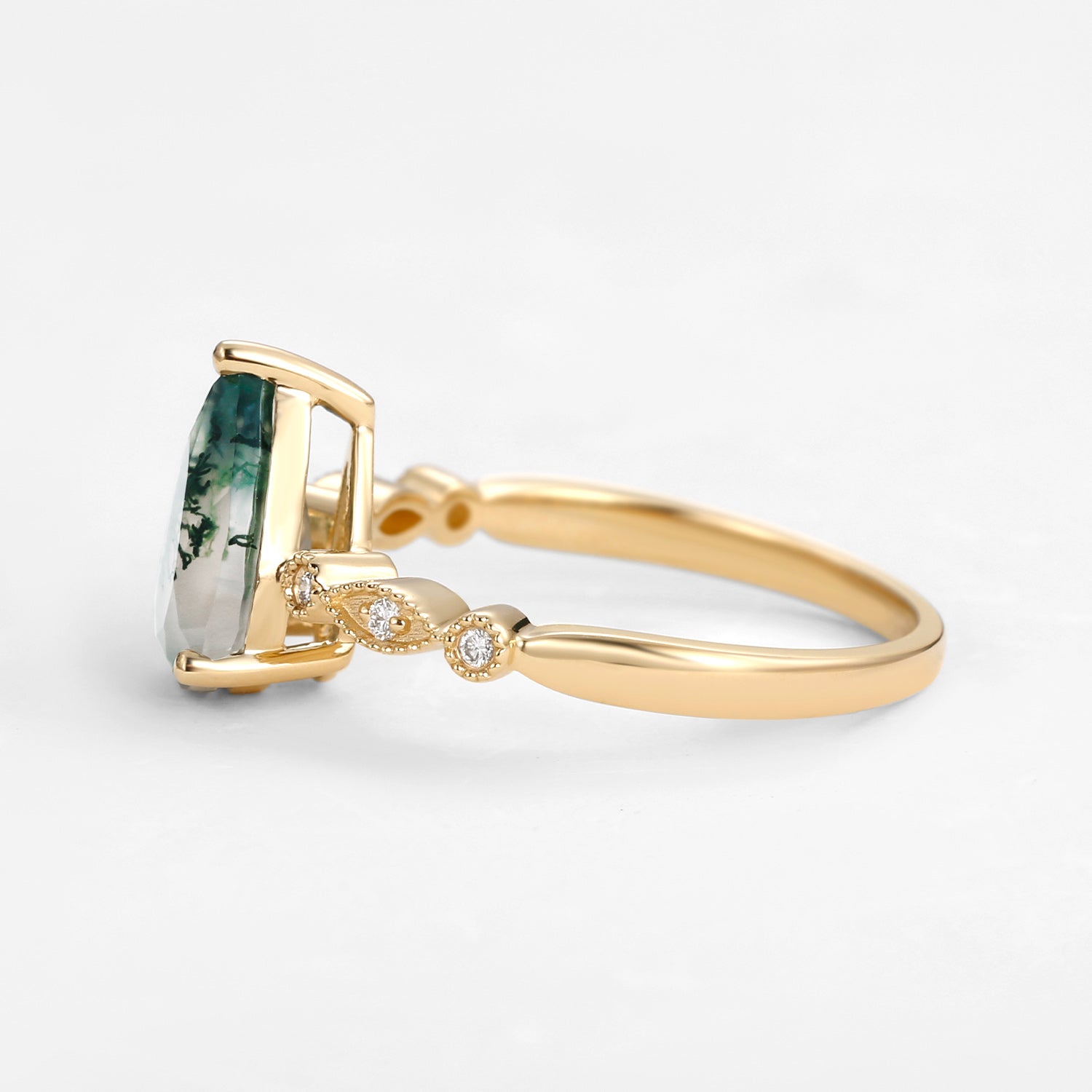 Unique Inspired Pear Shaped Moss Agate Engagement Ring