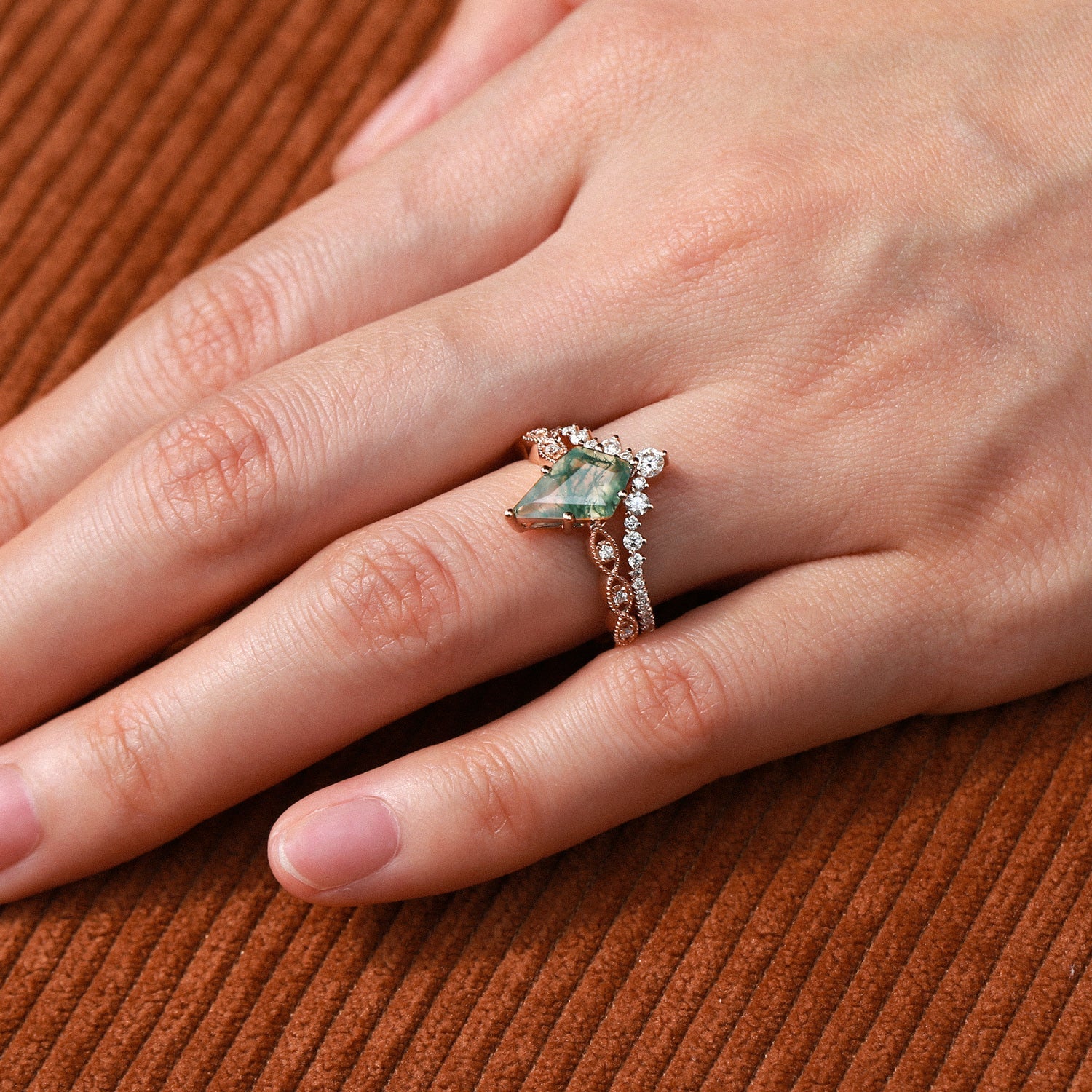 2.0ct Vintage Kite Cut Moss Agate Engagement Ring Set 2pcs - Winona