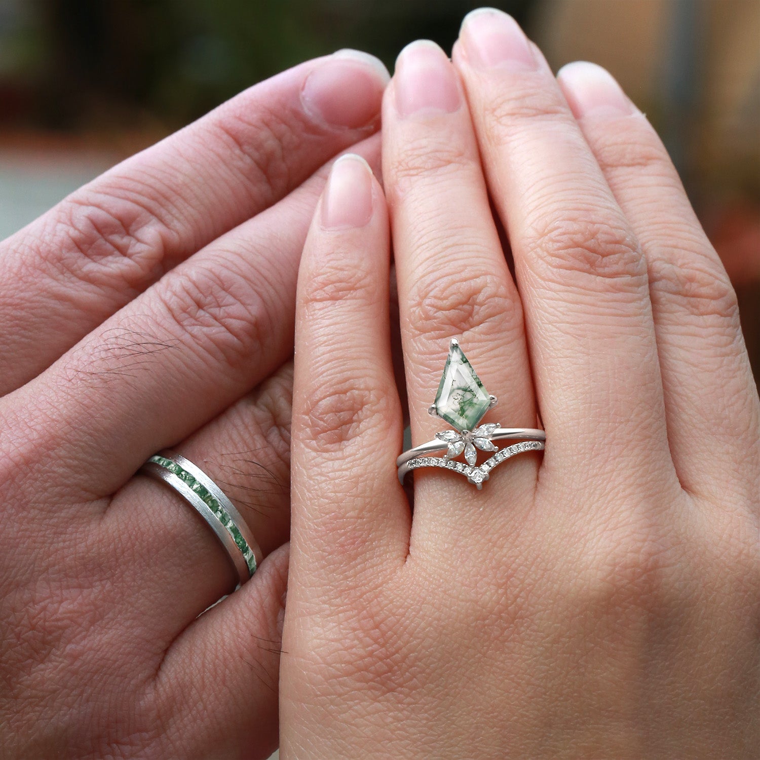 Unique Floral Moss Agate Kite Cut Couple Ring Set 3pcs