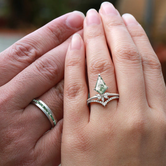 Unique Floral Moss Agate Kite Cut Couple Ring Set 3pcs