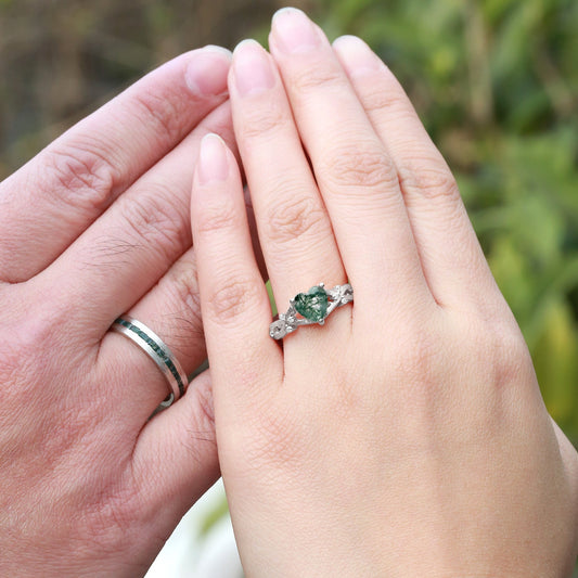 Heart Shape Moss Agate Infinity Couple Ring Set 2pcs