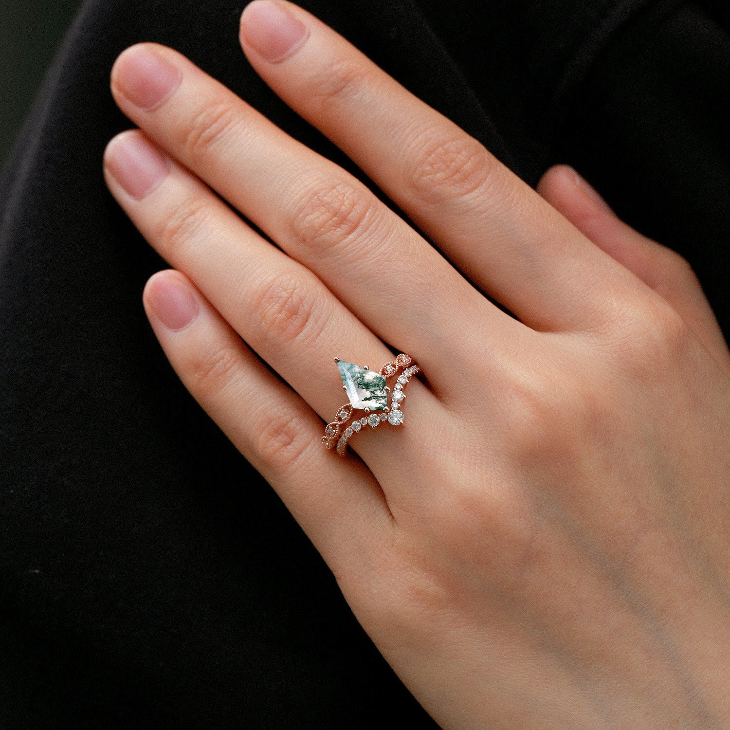 Vintage Kite Cut Moss Agate Couple Ring Set 3pcs - Winona