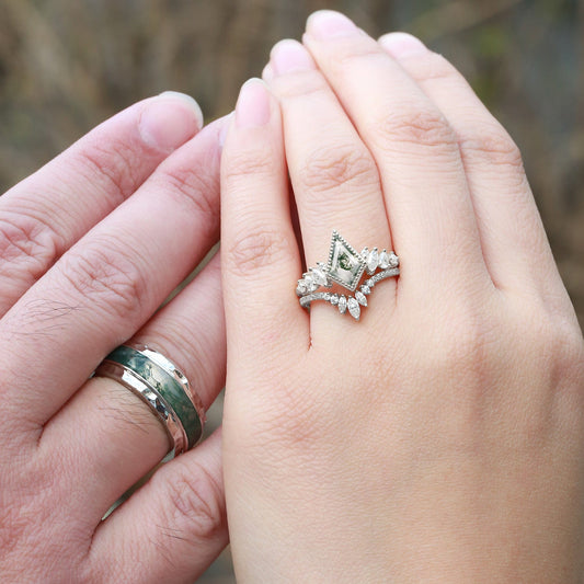 Kite Cut Moss Agate Cluster Engagement Couple Ring Set 3pcs