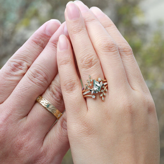 Leafy Kite Cut Moss Agate & Black Moissanite Couple Ring Set 4pcs