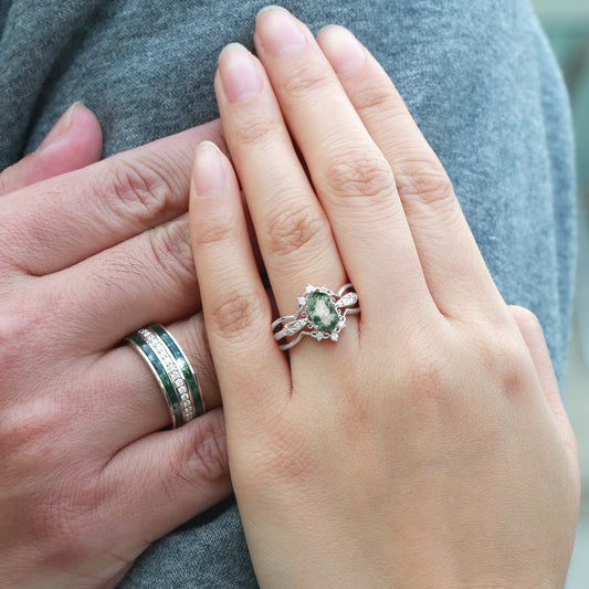 Vintage Long Hexagon Moss Agate Moissanite Cage Couple Ring Set 3pcs