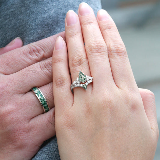 Twin Flames - Kite Cut Unique Moss Agate Engagement Couple Ring Set 3pcs - Zoey