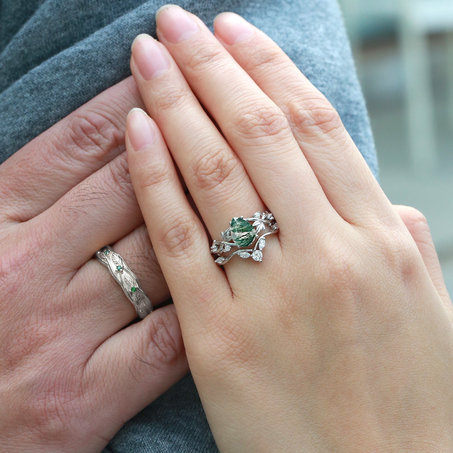 Pear Shaped Moss Agate Three Leaves Couple Ring Set 3pcs