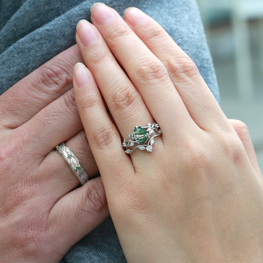Pear Shaped Moss Agate Three Leaves Couple Ring Set 3pcs