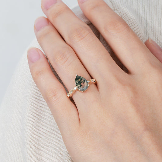 Unique Inspired Pear Shaped Moss Agate Engagement Ring