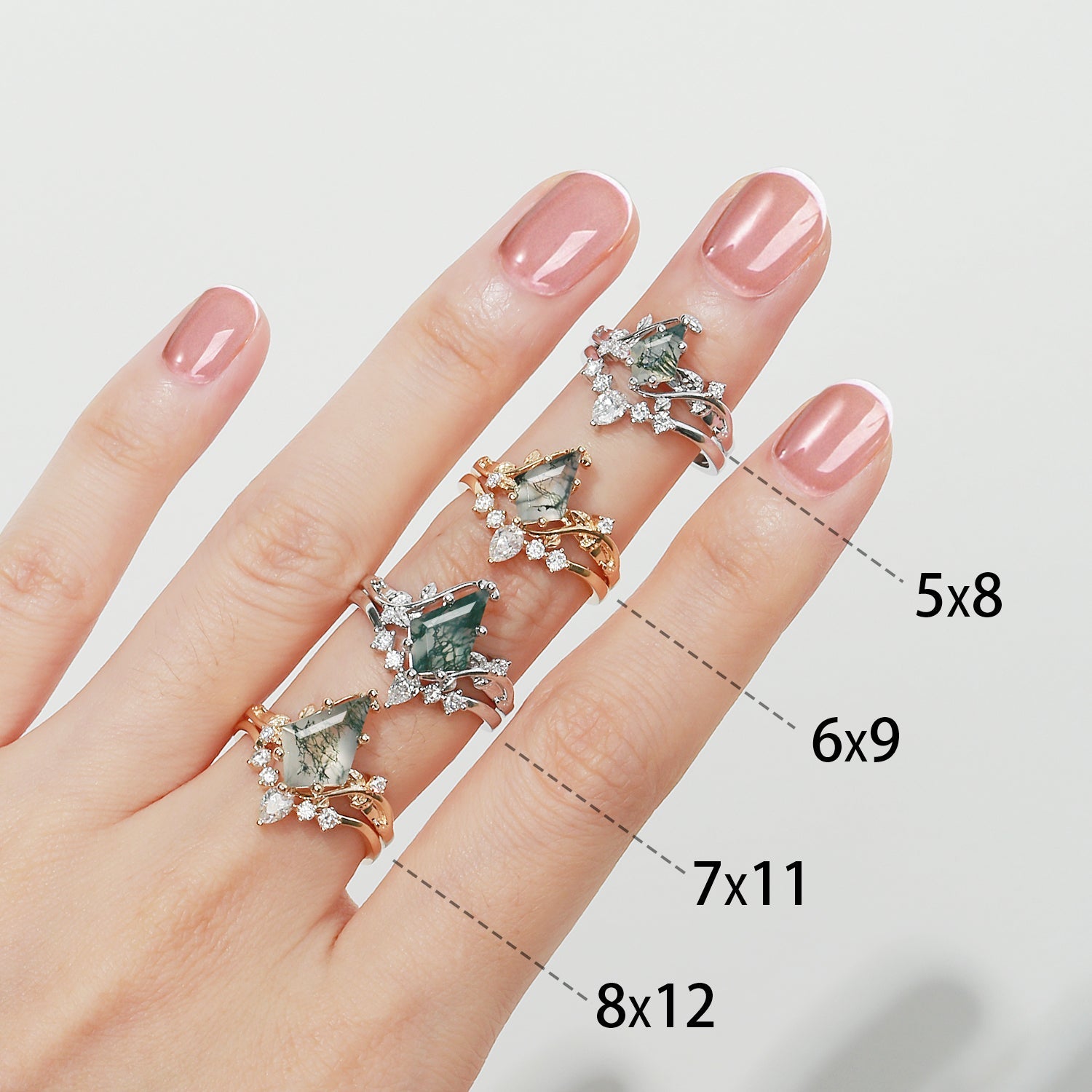 Black Gold Kite Cut Moss Agate & Lab Emerald Leafy Bridal Ring Sets 2pcs - Willow