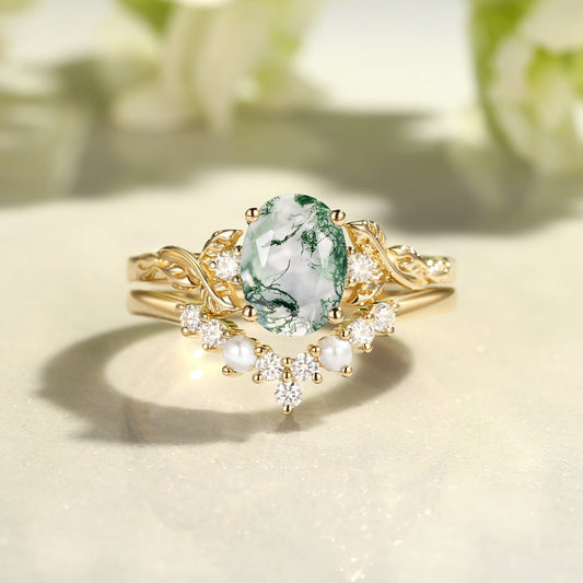 Oval Cut Moss Agate Leafy Gold Ring Set 2pcs - Clover