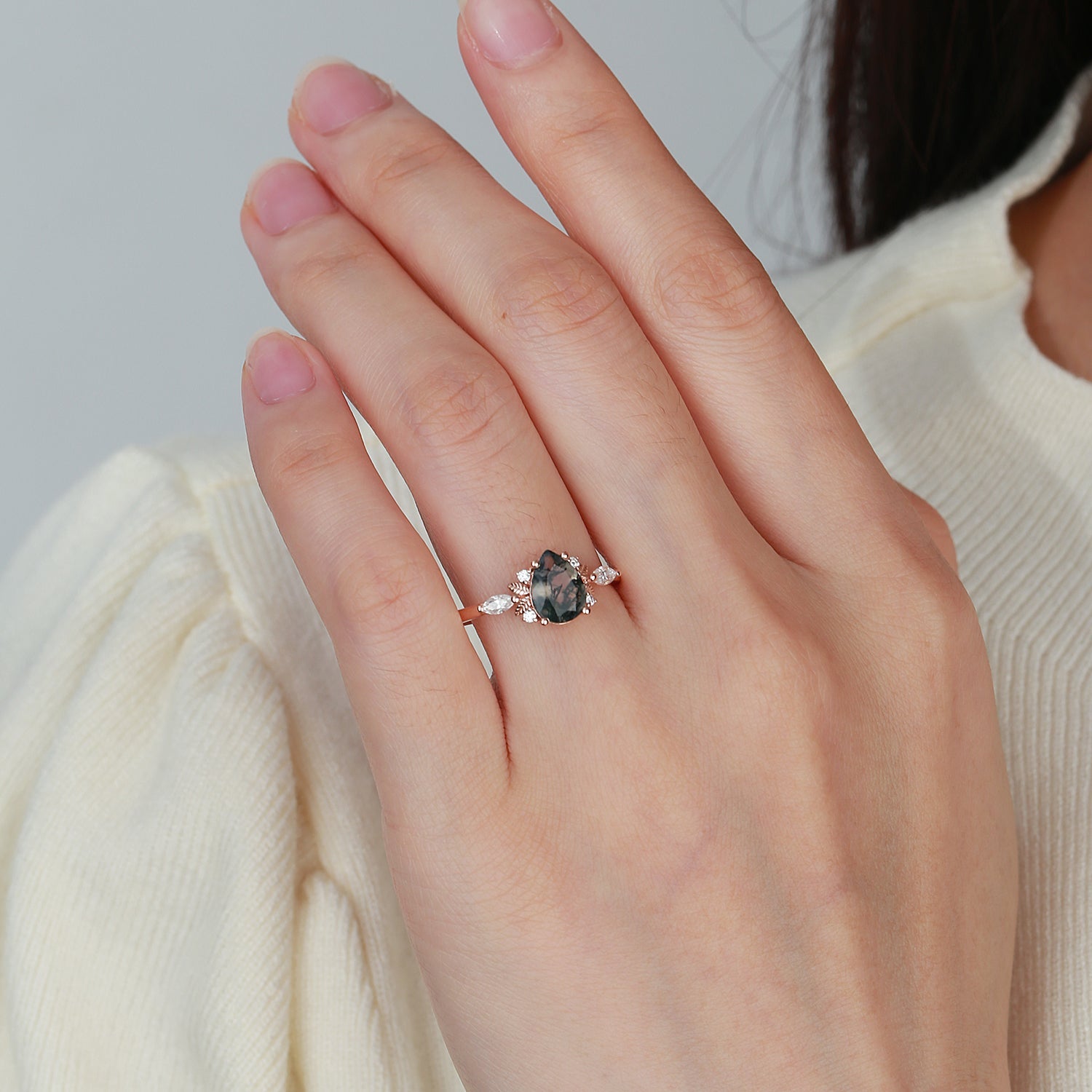 Unique Leafy Pear Shaped Moss Agate Engagement Fairy Ring - Susan