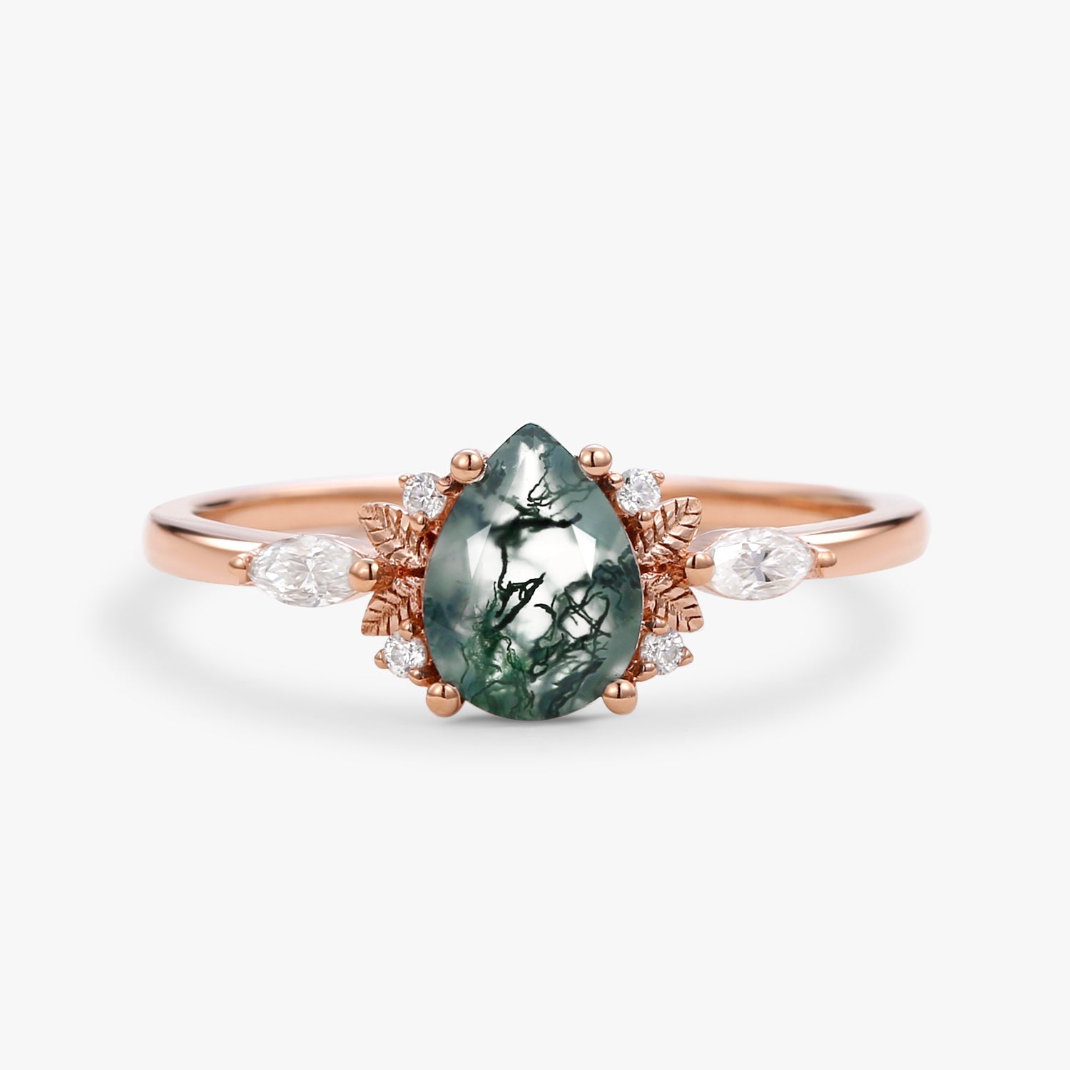 Unique Leafy Pear Shaped Moss Agate Engagement Fairy Ring - Susan