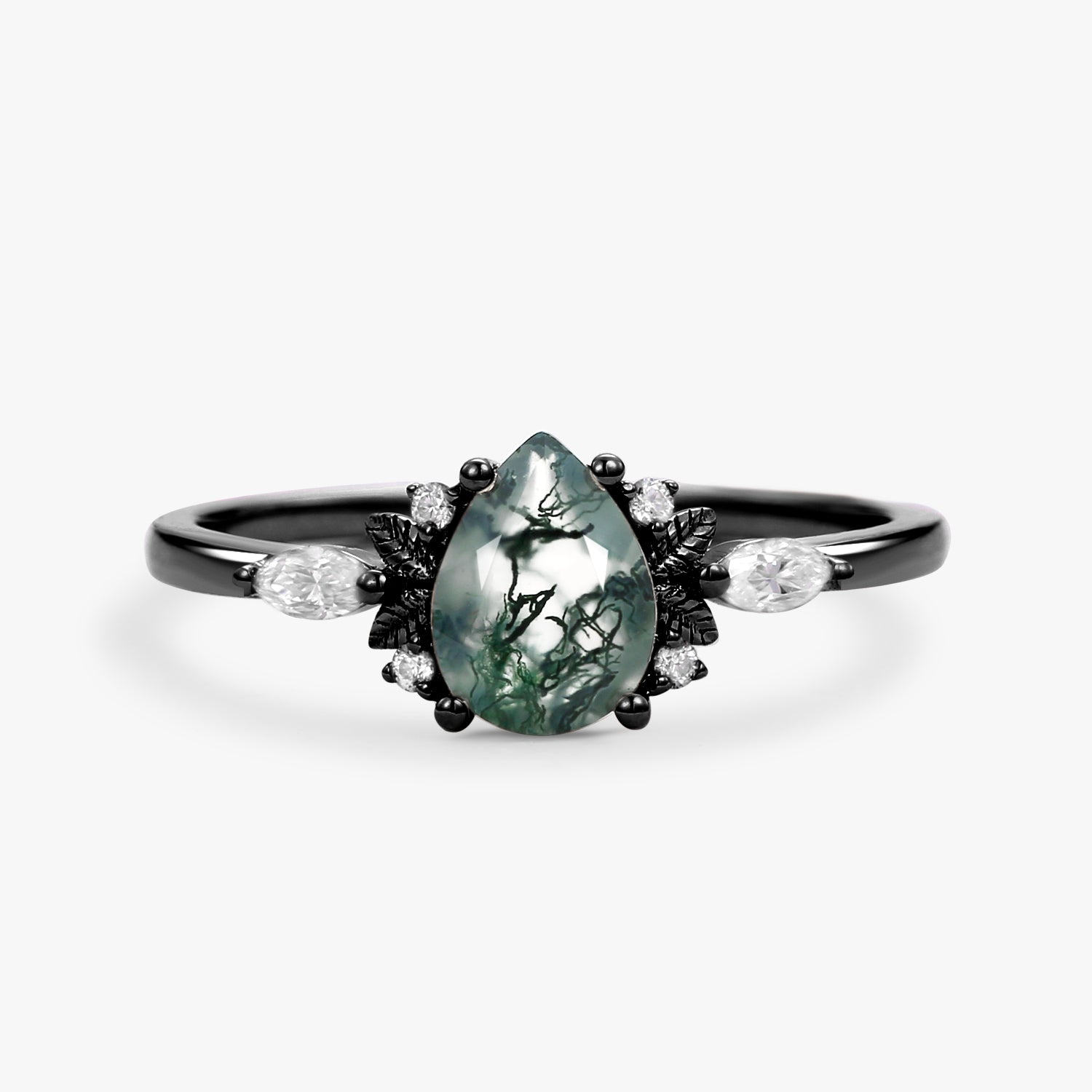 Unique Leafy Pear Shaped Moss Agate Engagement Fairy Ring - Susan
