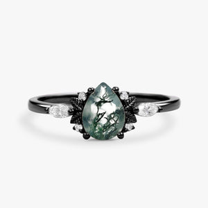 Unique Leafy Pear Shaped Moss Agate Engagement Fairy Ring - Susan