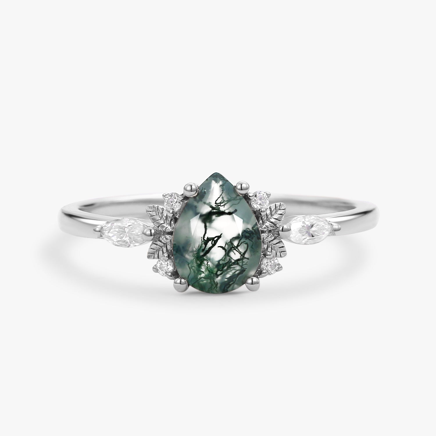 Unique Leafy Pear Shaped Moss Agate Engagement Fairy Ring - Susan